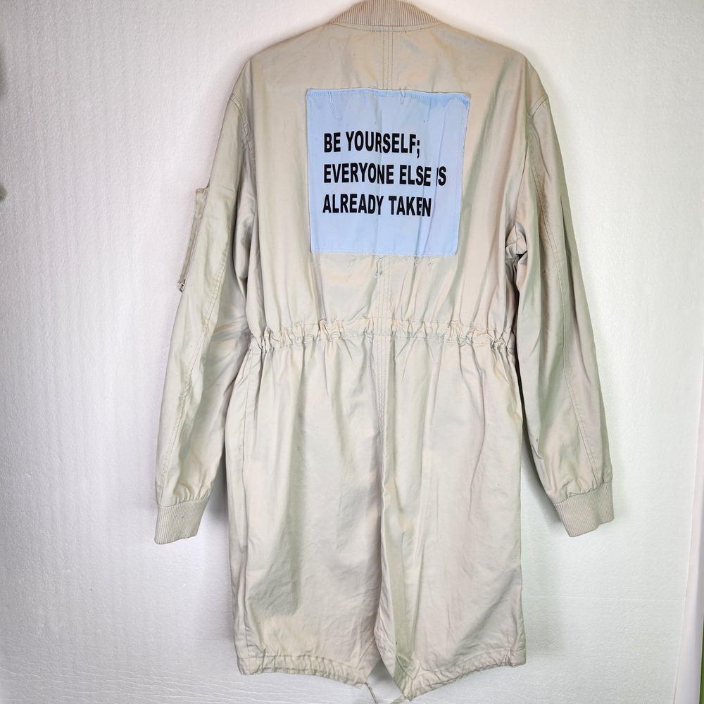 Zara Man RARE Utility Bomber Jacket Tan Longline Be Yourself Quote Large
